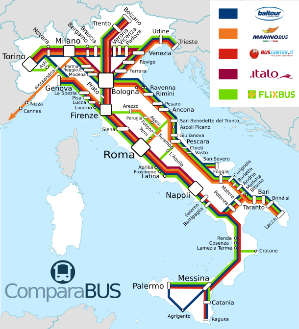 Mappa della rete di pullman a lunga distanza in Italia. Baltour, FlixBus, Eurolines, BusCenter e MarinoBus